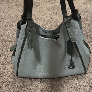 Coach Pebbled Leather Shoulder Bag in Pale Blue with Black Trim